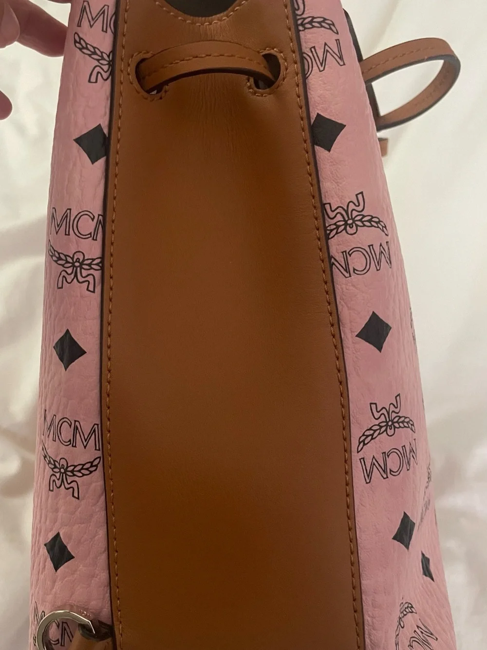 MCM MFO Colorblock Pink Coated Canvas with Tan Leather Backpack
